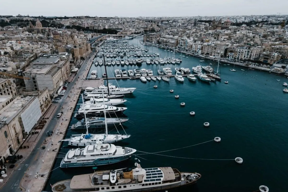 Aerial view of yachts moored along the quay at Grand Harbour Marina, Malta