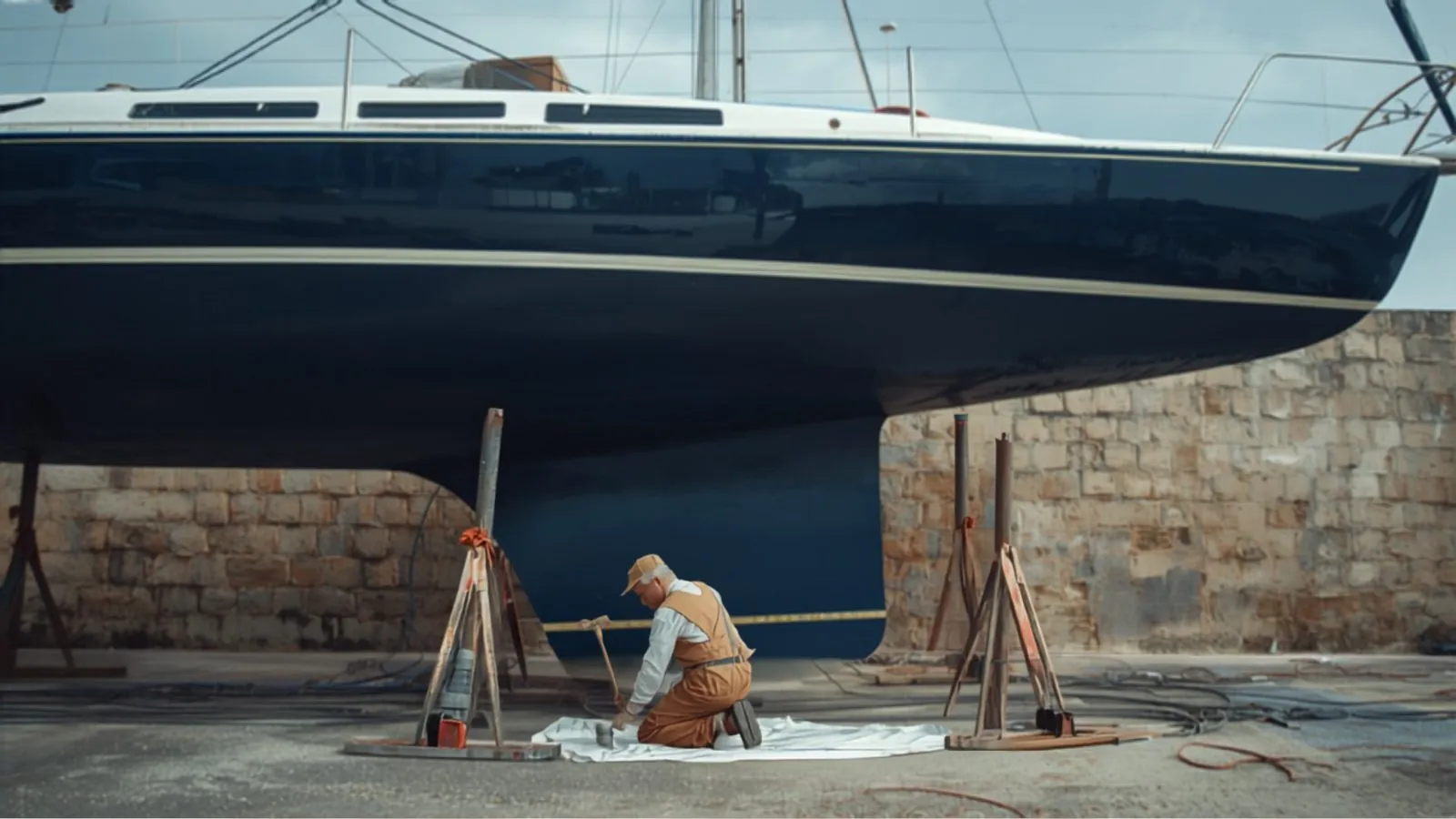 A technician rolling antifouling onto a yacht hull on the hardstand