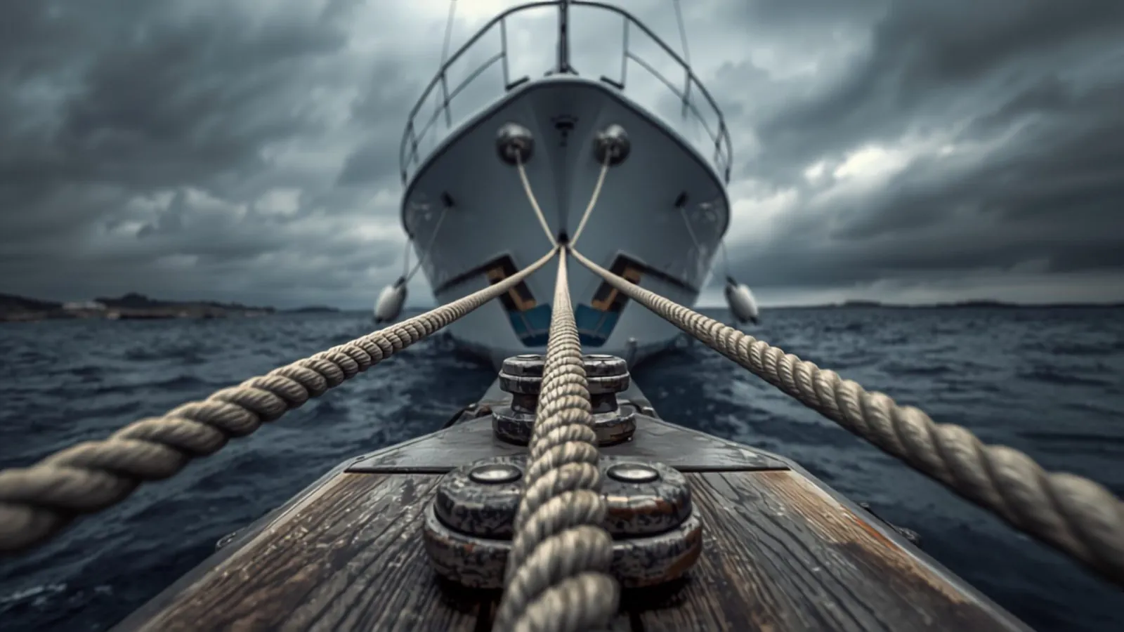 Doubled mooring lines and fenders on a yacht in stormy weather