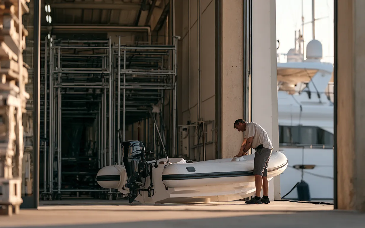 A RHIB being brought out of covered storage