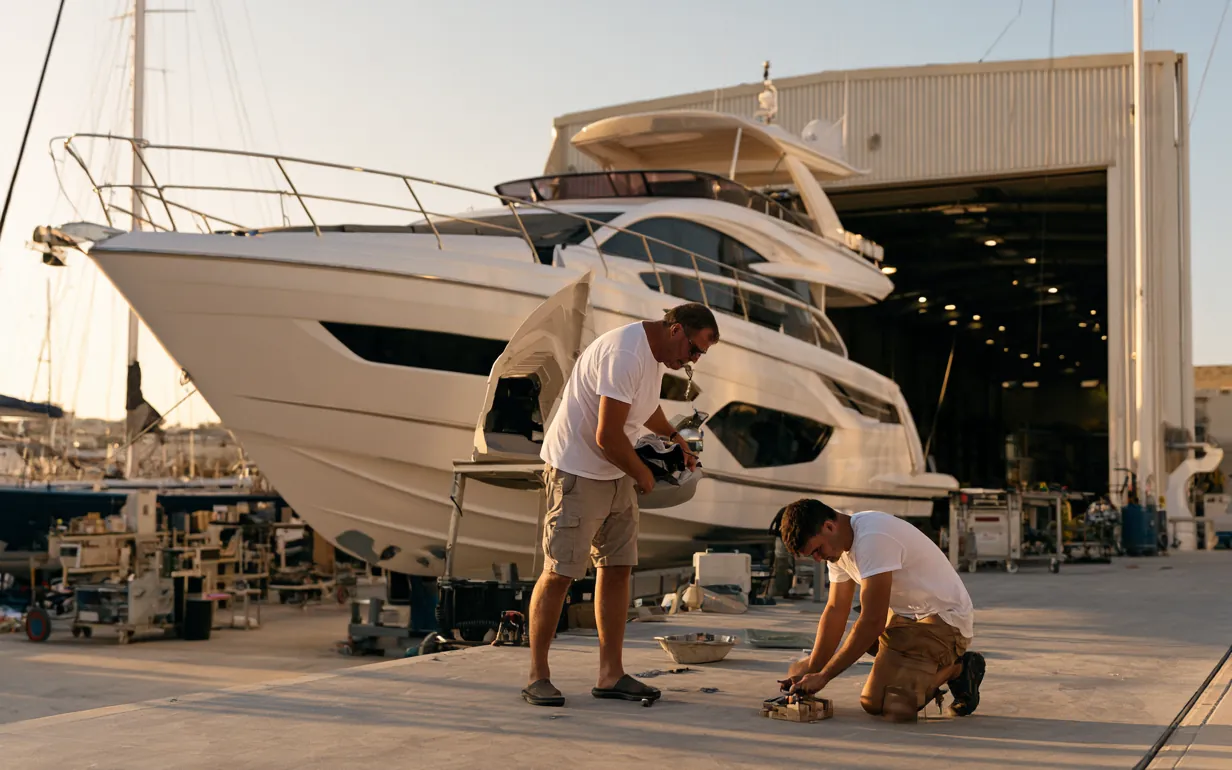 Technicians at work outside a boatyard shed in Malta