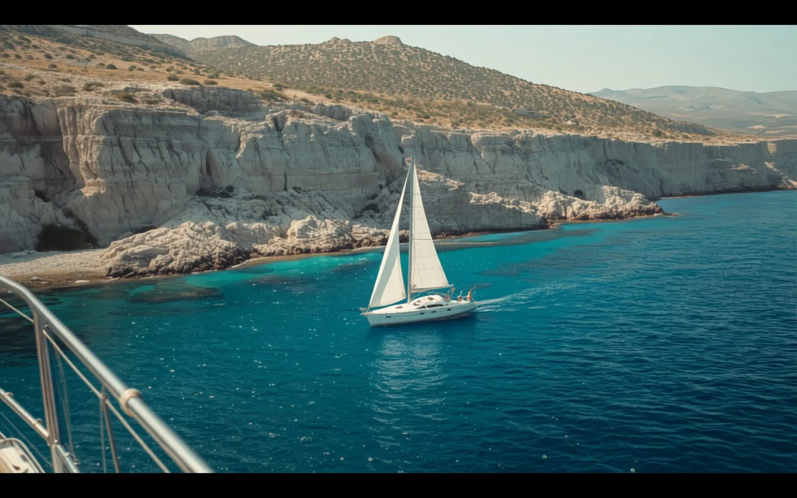 A sailing yacht under full sail off the limestone cliffs of Malta, seen from another boat