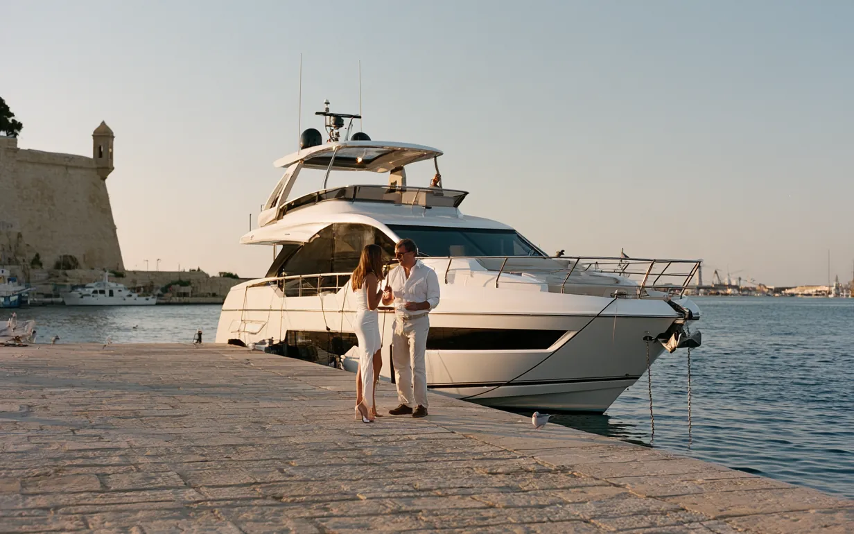 A motor yacht alongside the quay below the bastions