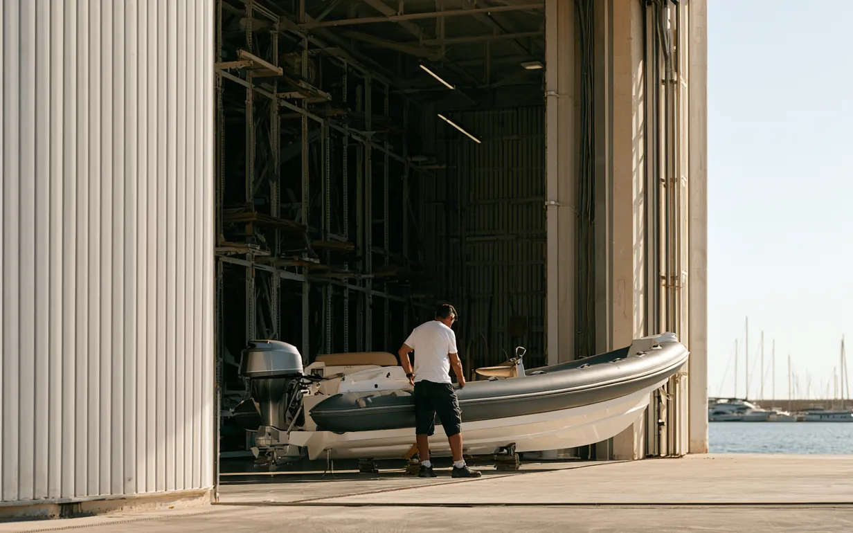 A RHIB with its outboard outside a storage shed