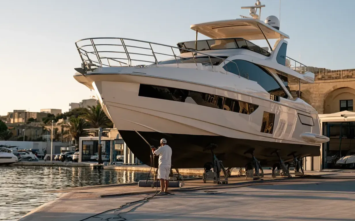 A motor yacht on stands on the hardstand of a Maltese boatyard, a technician hosing down the hull