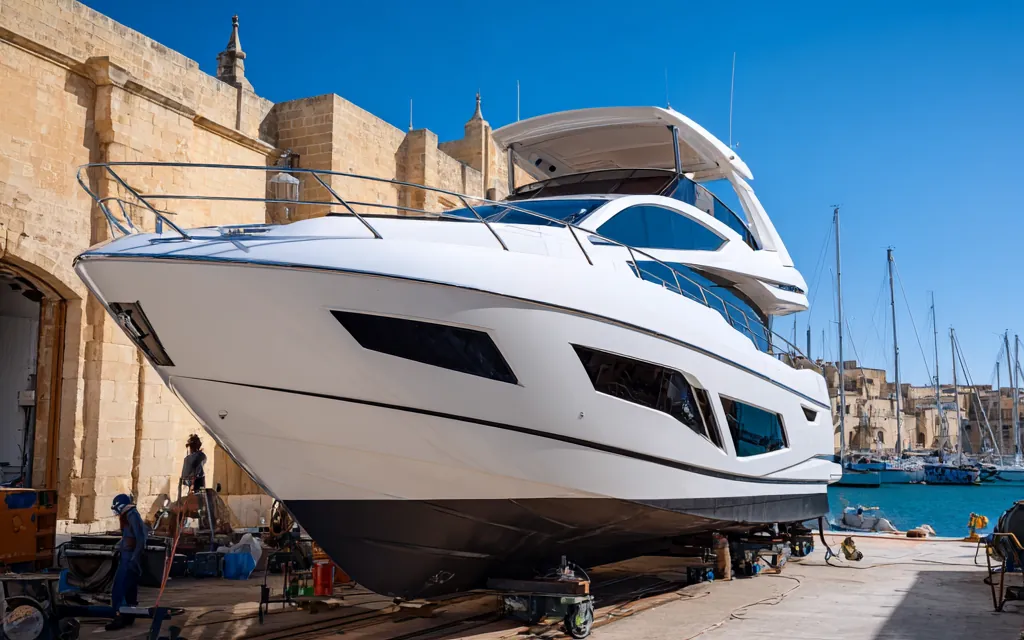 A motor yacht on a cradle on the slipway of a Maltese boatyard