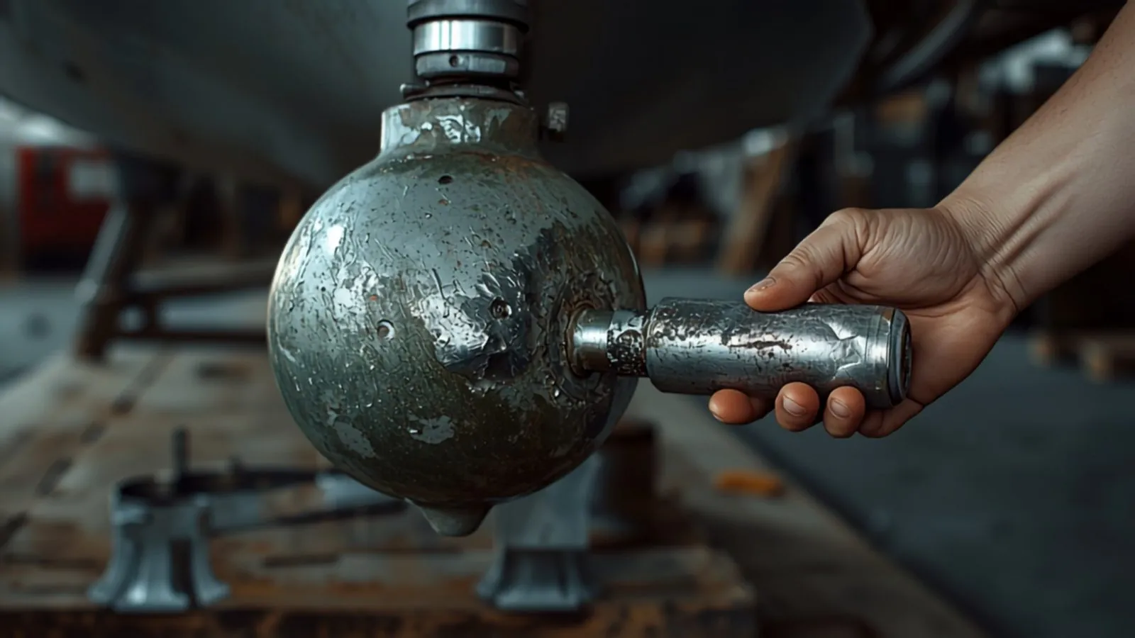 A worn zinc anode on a propeller shaft with a new one held beside it