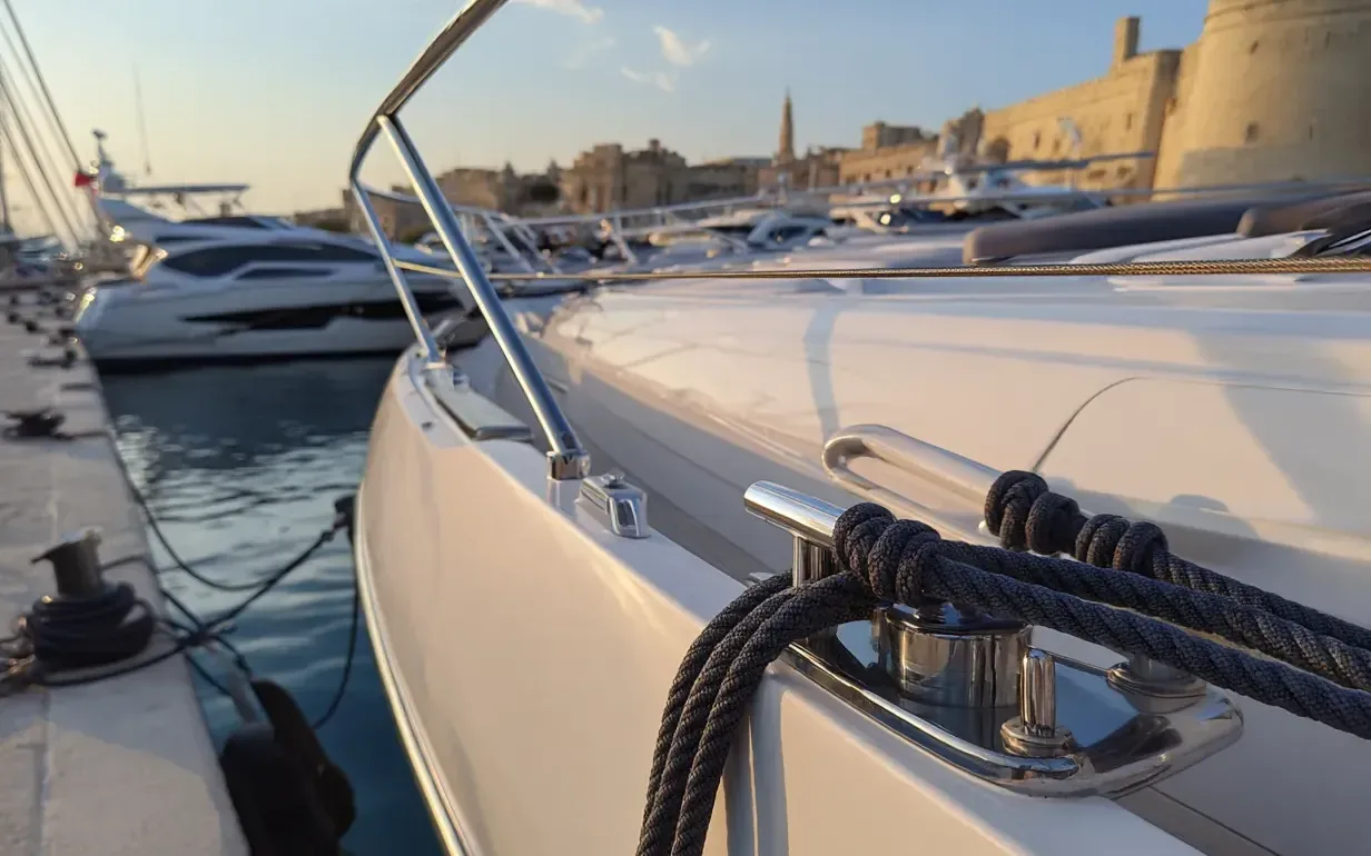 A mooring line made fast on a stainless cleat at the bow of a motor yacht in a Malta marina