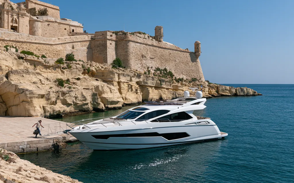 A motor yacht beneath the limestone bastions on the Maltese coast, clear blue water