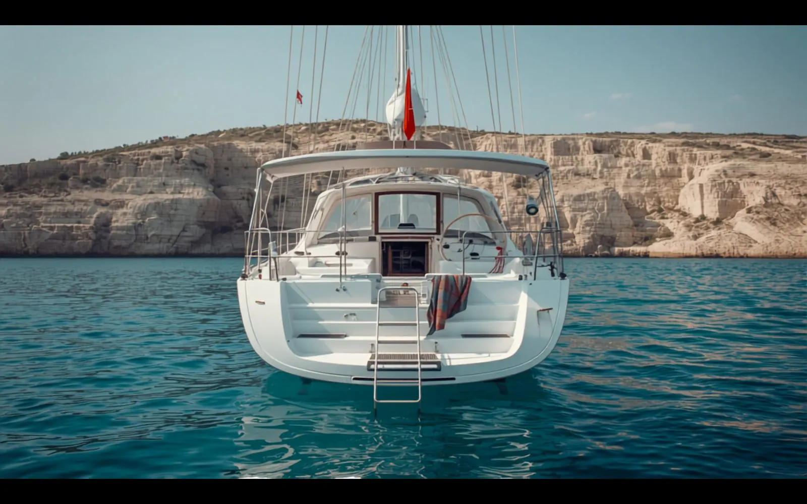 The stern of a sailing yacht at anchor flying a red ensign, limestone cliffs behind