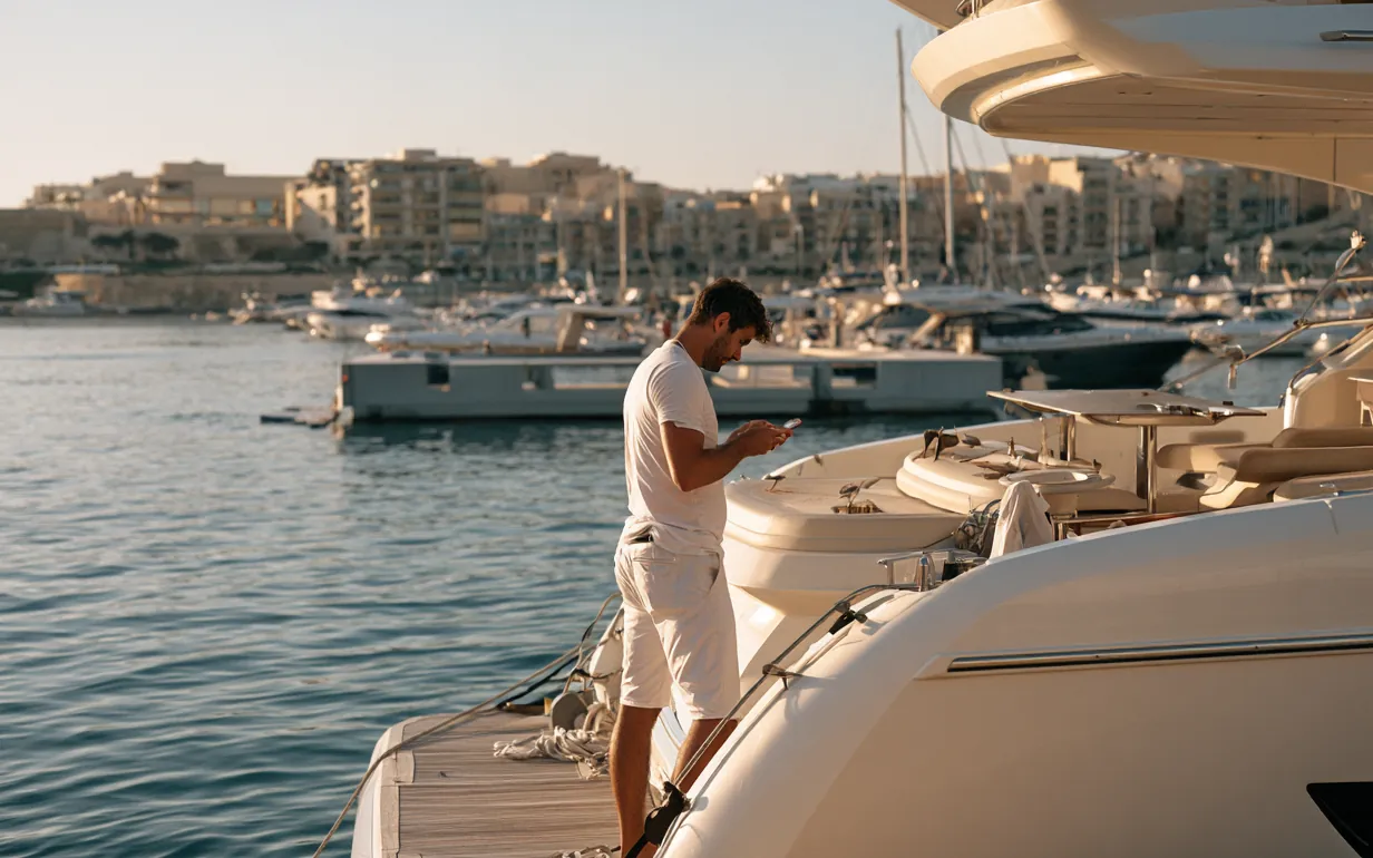 A technician on the foredeck of a motor yacht in a Malta marina