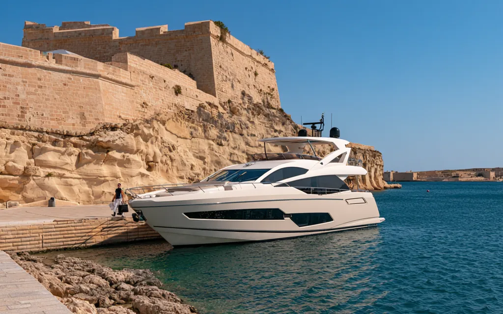 A motor yacht alongside the quay below a limestone fort in Malta