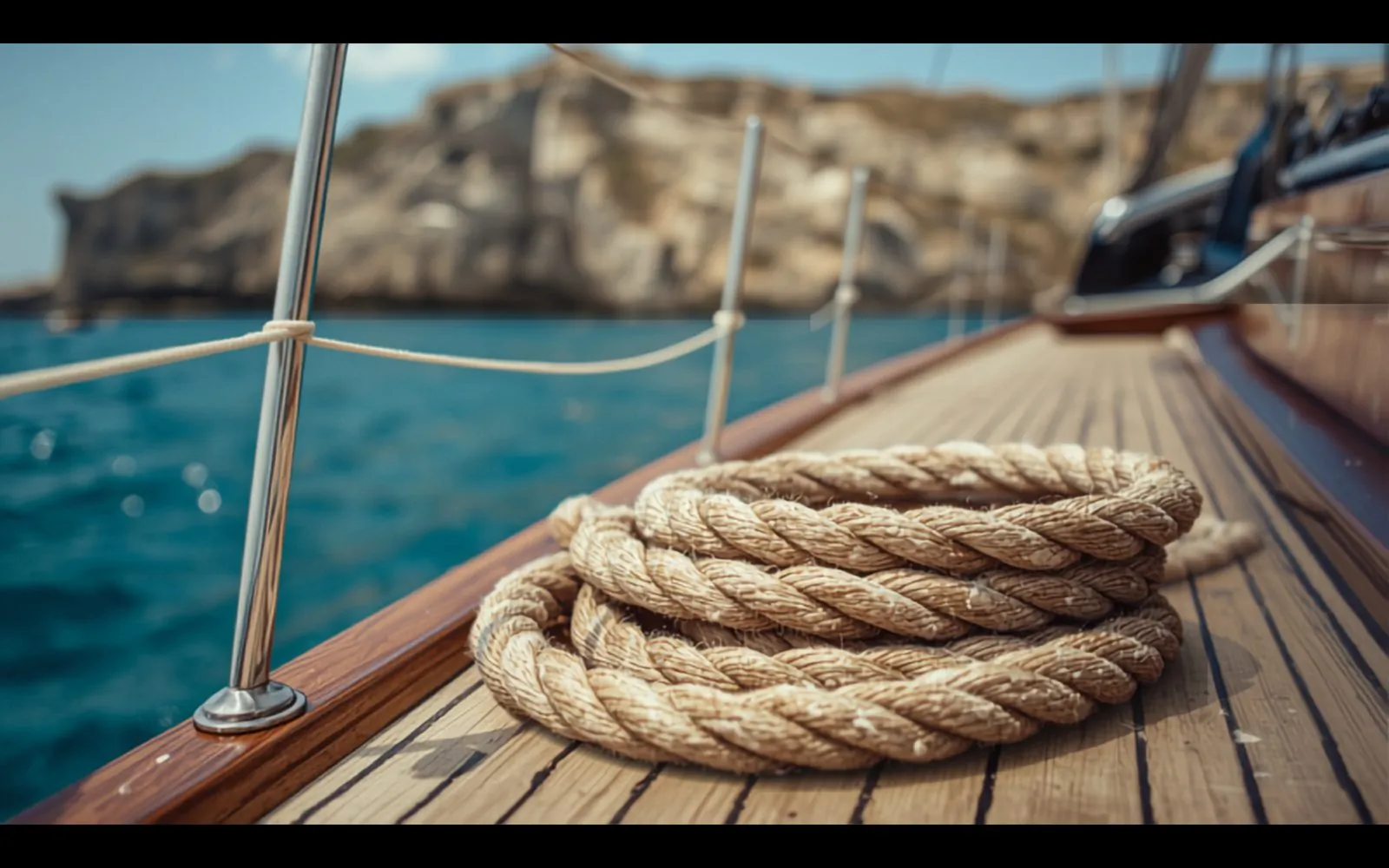 A coiled line on the foredeck of a sailing yacht at anchor off the Maltese cliffs