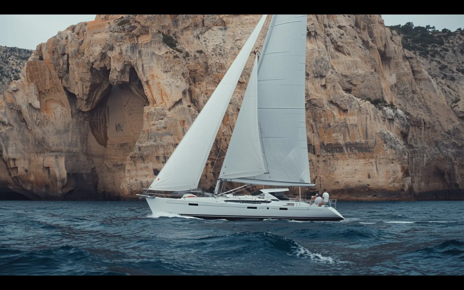 A sailing yacht under full sail beneath the limestone cliffs of Malta