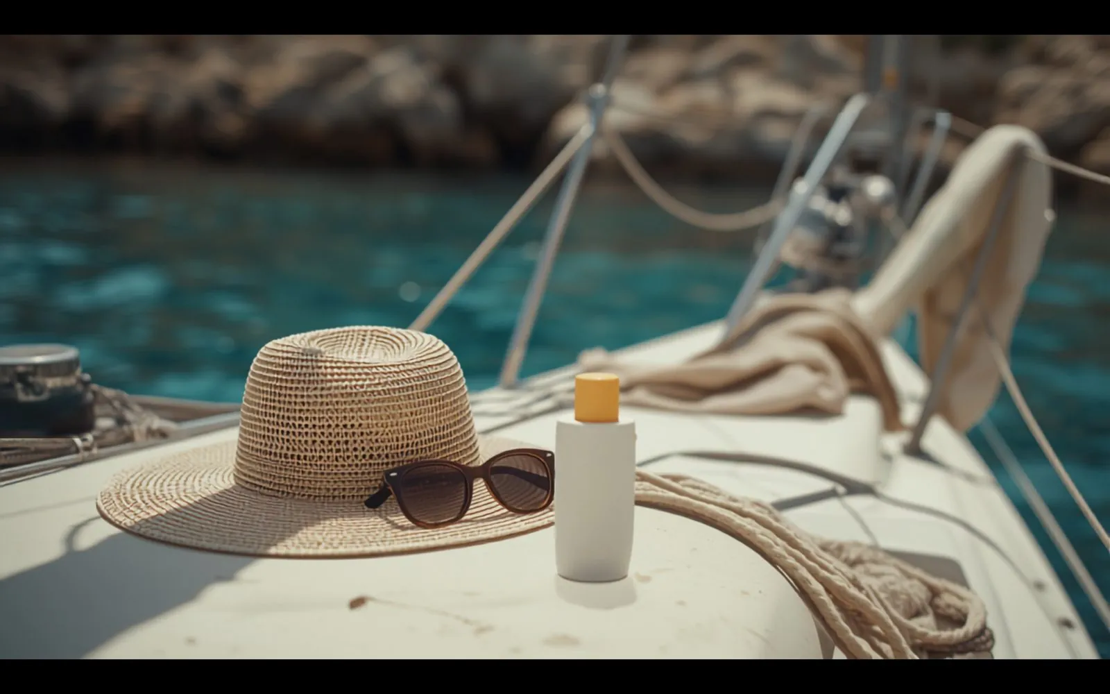 A sun hat, sunglasses and sunscreen on the deck of a yacht anchored in a rocky Maltese cove
