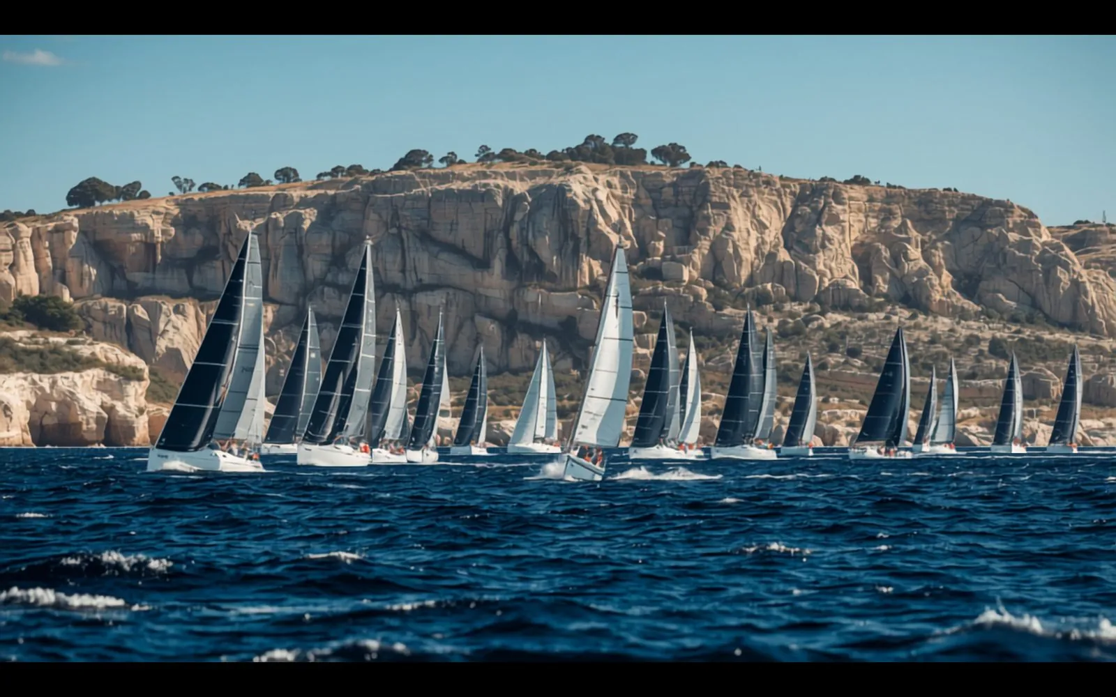 Racing yachts close-hauled off the limestone cliffs of Malta