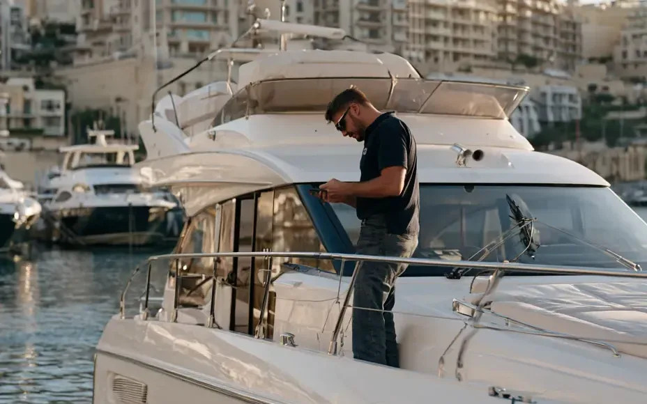 A technician cleaning the windscreen of a motor yacht in a Malta marina
