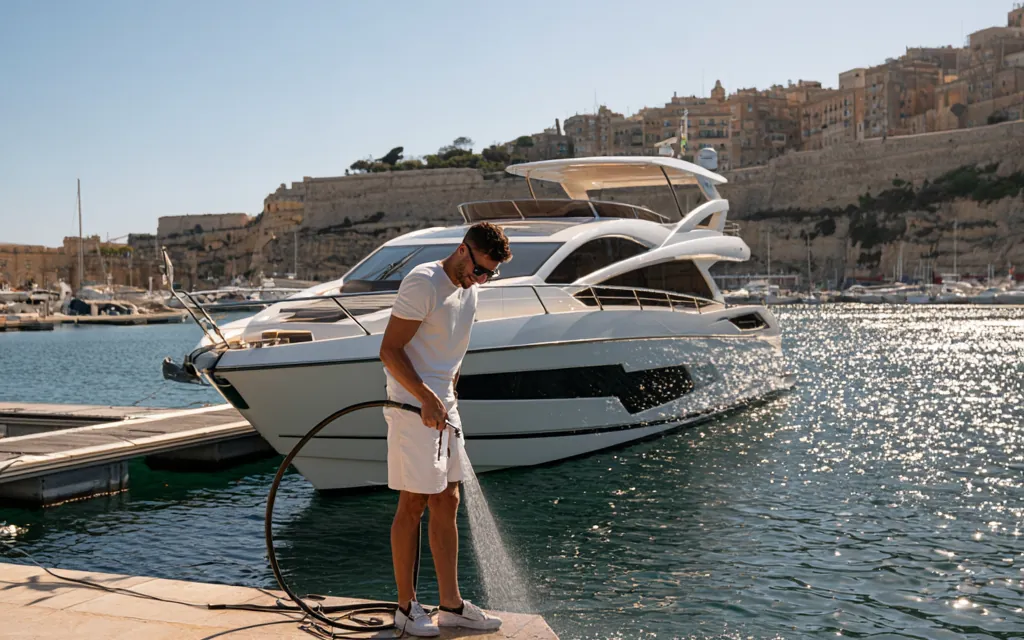 A technician with a hose on the pontoon beside a motor yacht in a Maltese harbour