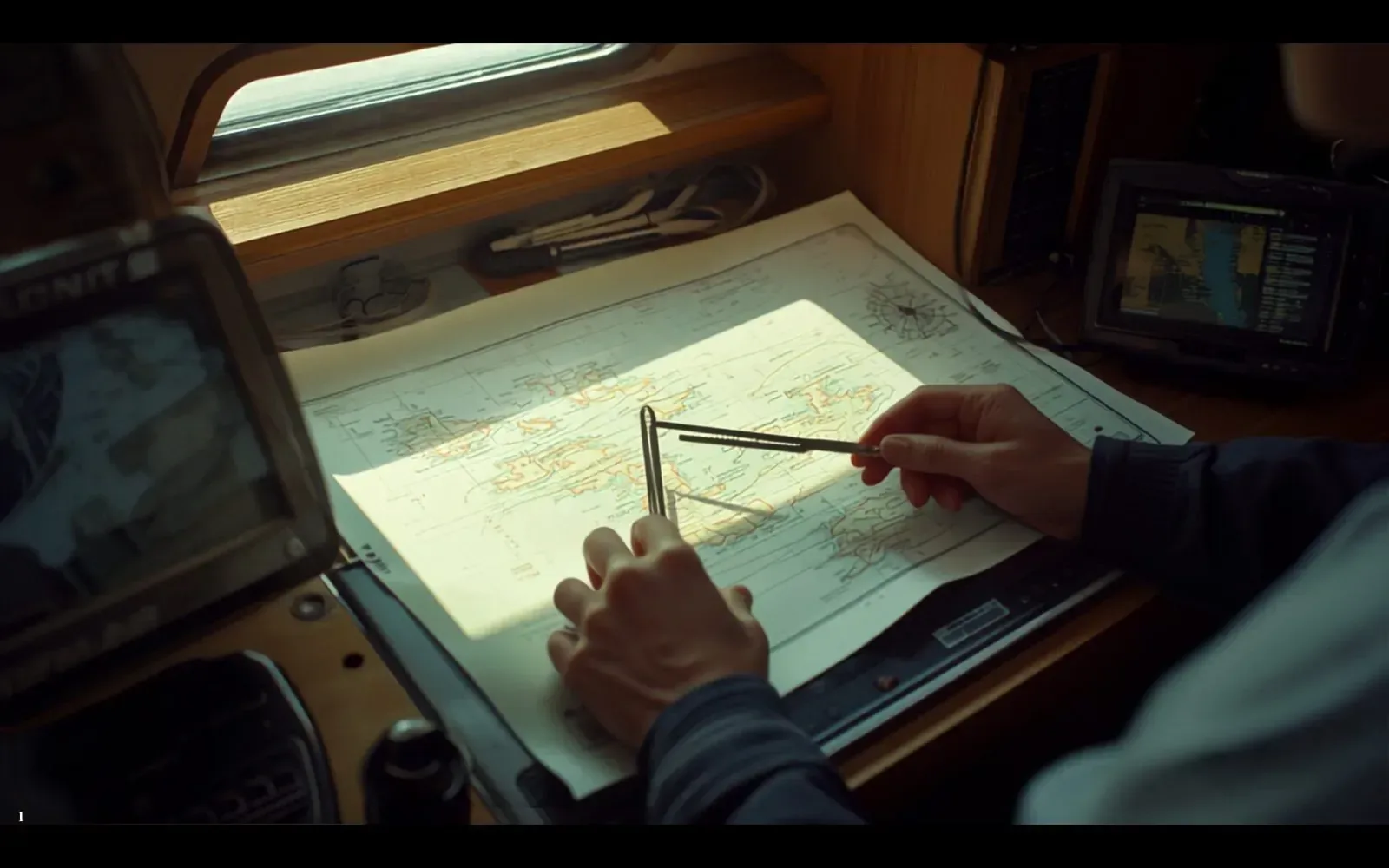 Hands plotting a course with dividers on a paper chart