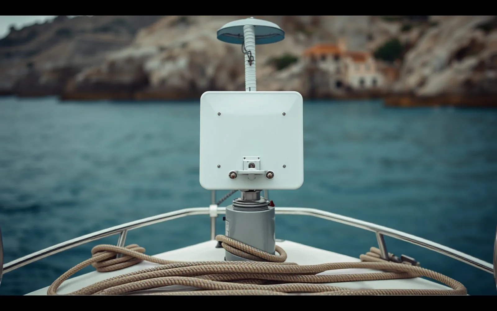 A flat satellite internet antenna on the rail of a motor yacht anchored off a rocky Maltese bay
