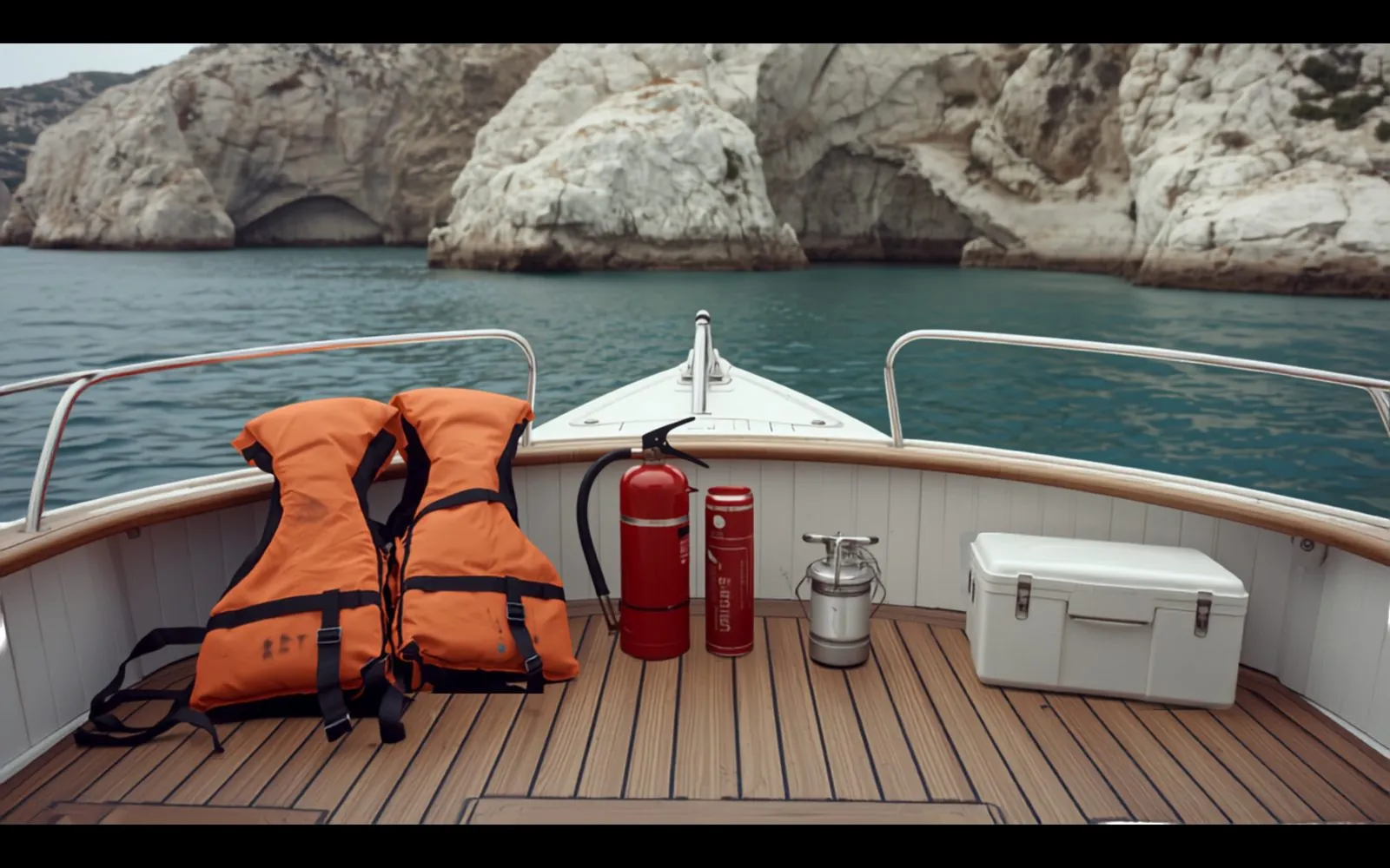 Lifejackets, a fire extinguisher and a first-aid box on the deck of a motor yacht in a rocky Maltese bay