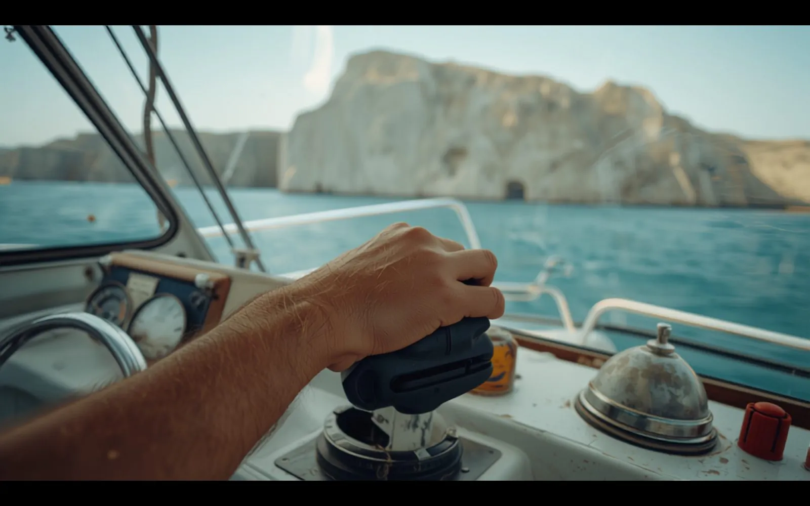 A hand holding a VHF radio mic at a motor yacht helm, limestone cliffs through the windscreen