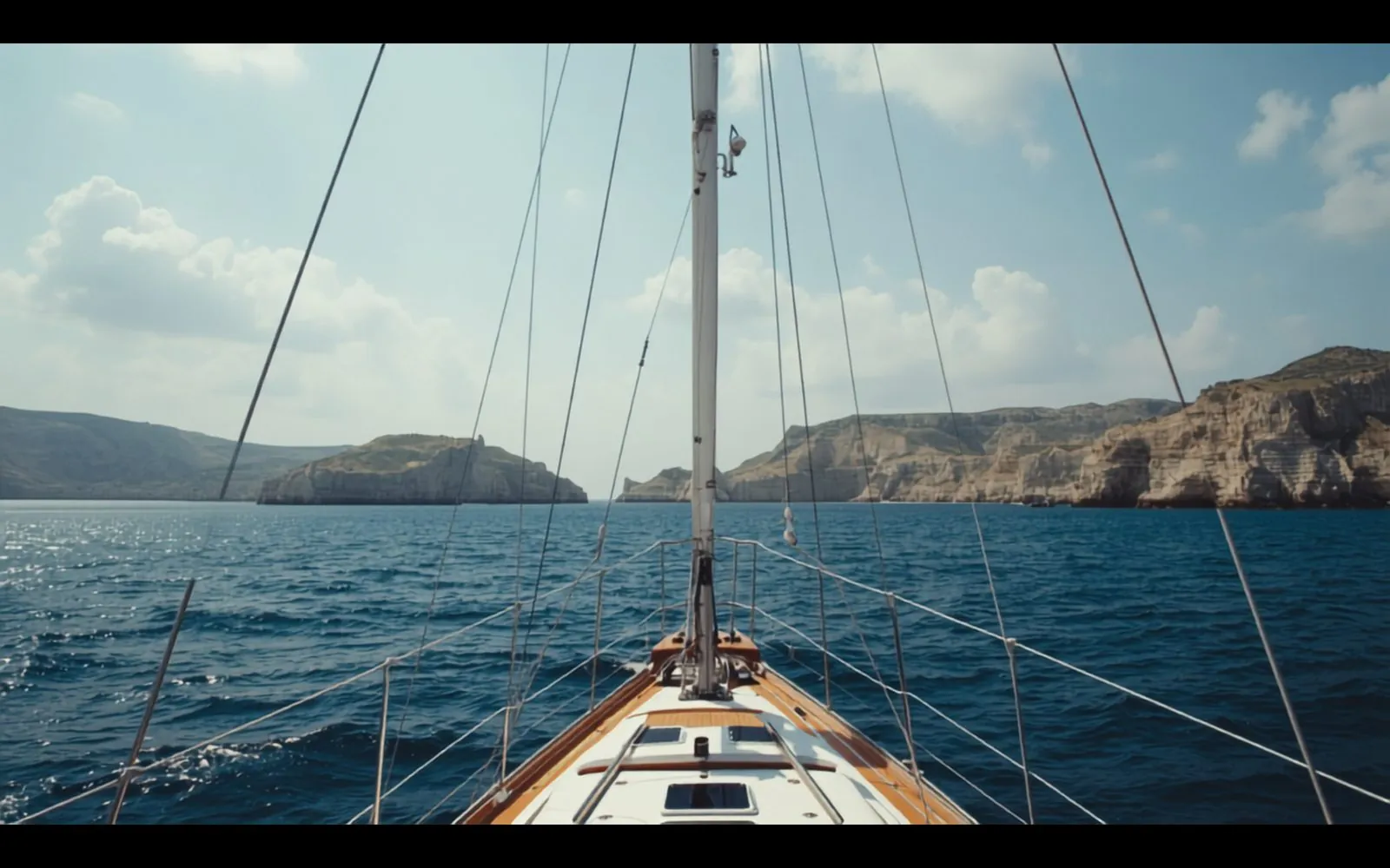 Fair-weather clouds building over the rocky Maltese coast, seen from the deck of a sailing yacht
