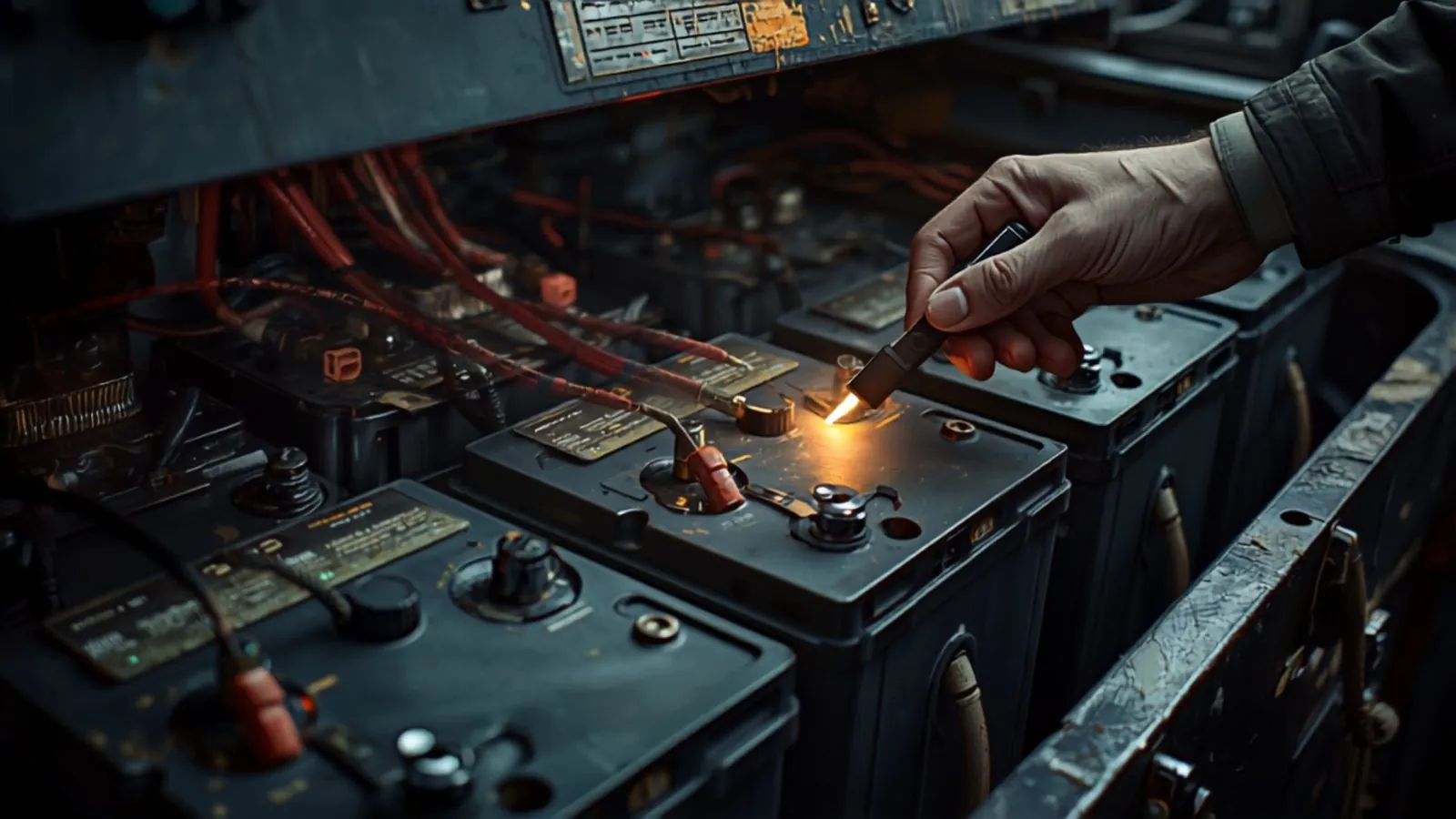 A marine battery bank with a multimeter probe on a terminal