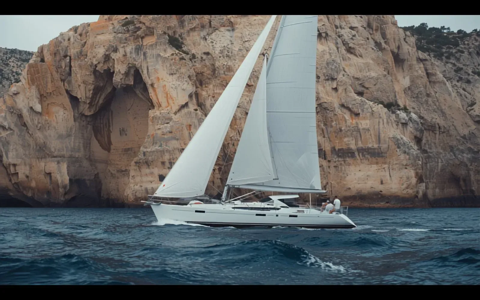 A sailing yacht under full sail beneath the limestone cliffs of Malta