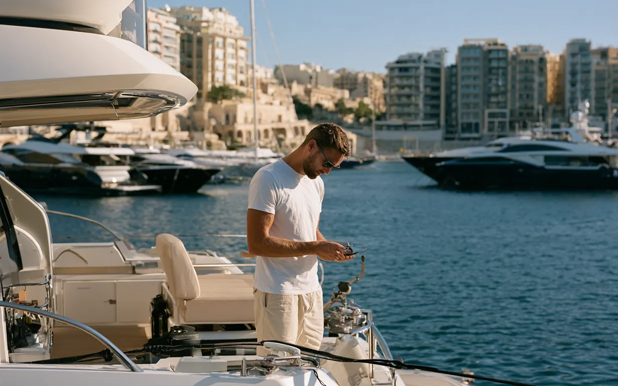 A technician on the flybridge of a motor yacht at a Malta marina