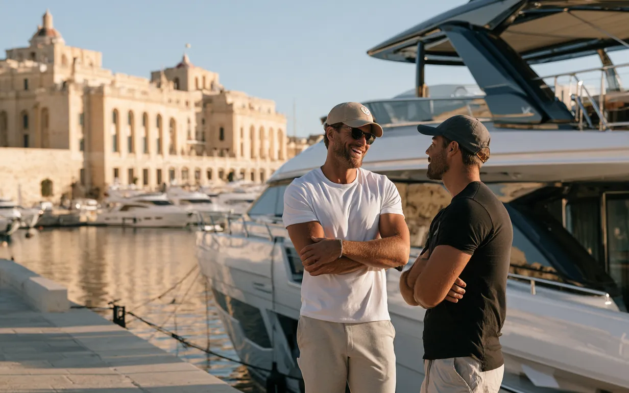 Two people discussing a boat on the quay in Malta