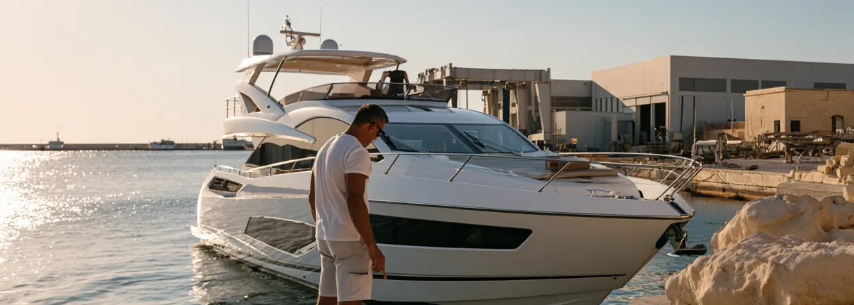 A technician looking over a motor yacht alongside the quay in Malta, evening light