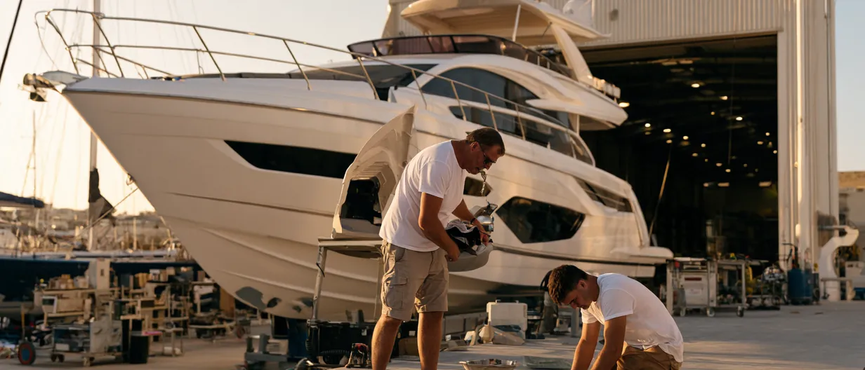Two technicians working on a motor yacht outside a boatyard shed in Malta
