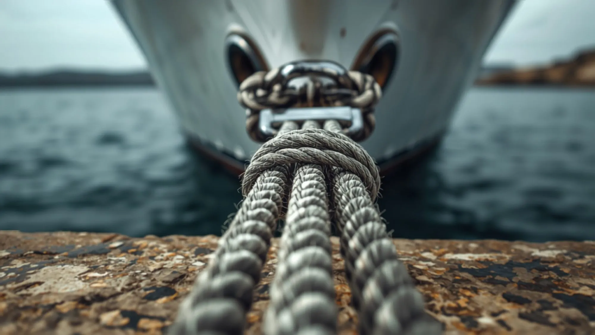 Doubled bow lines on a cleat with chafe protection, overcast marina behind