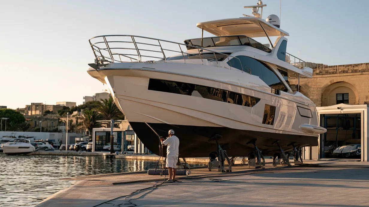 Side profile of a motor yacht on stands in a Maltese boatyard