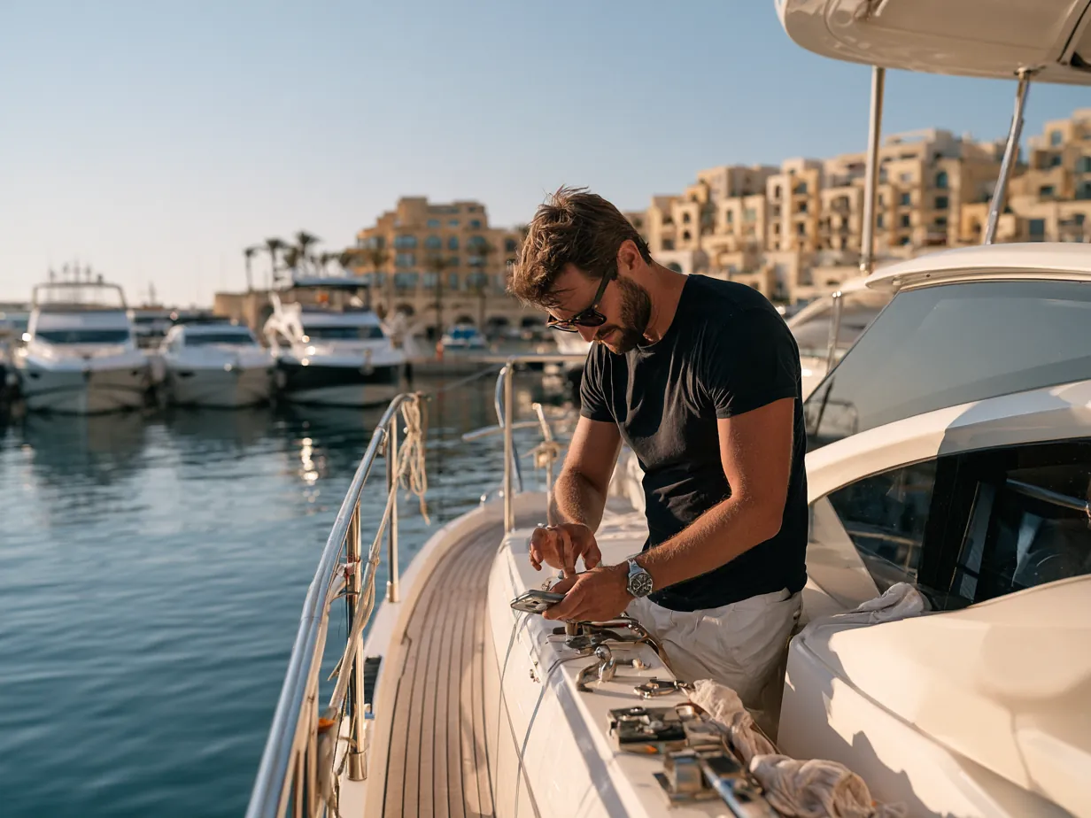 A technician checking deck fittings on a motor yacht at a Malta marina