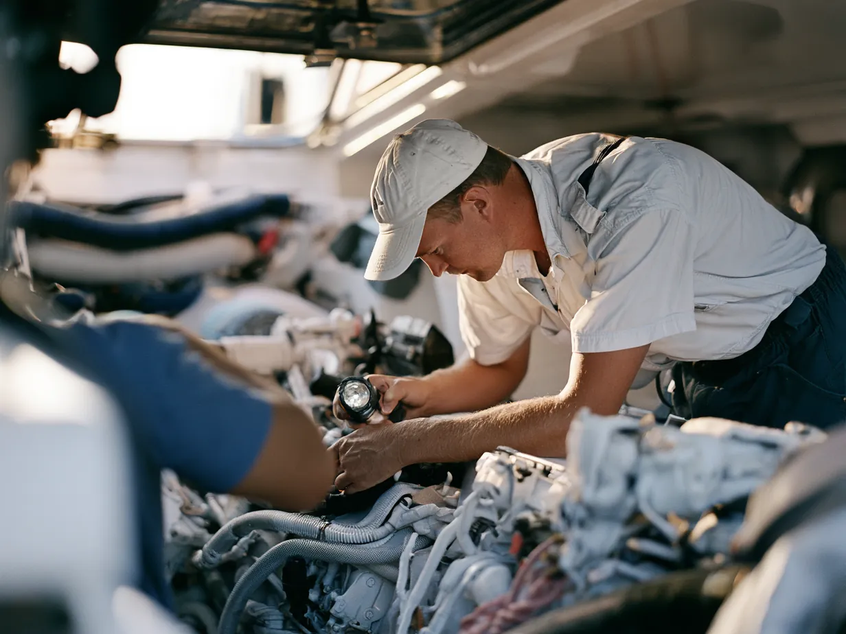 A marine engineer servicing a diesel in a yacht engine room