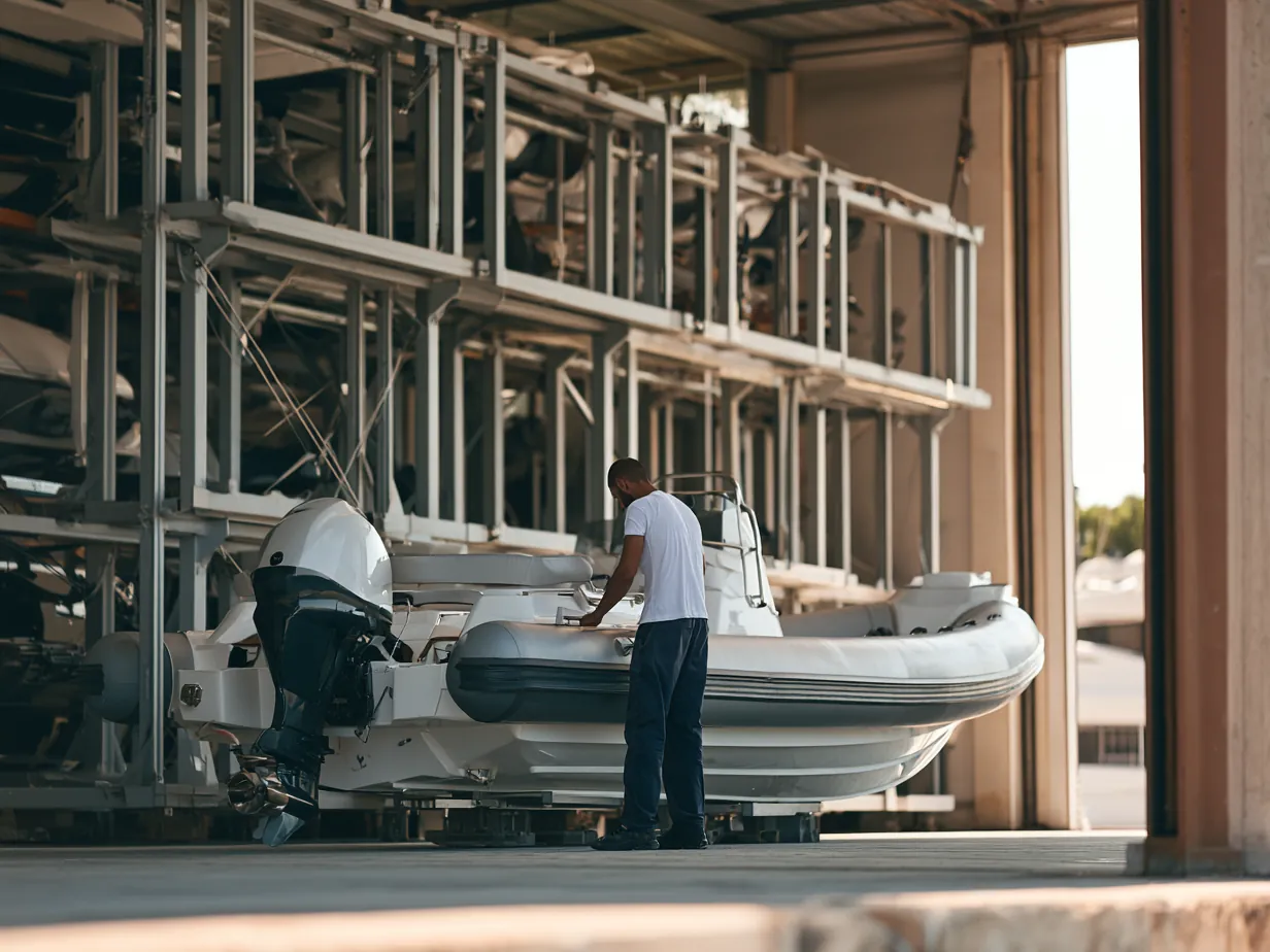 A RHIB on its rack in covered storage, a technician checking the tubes