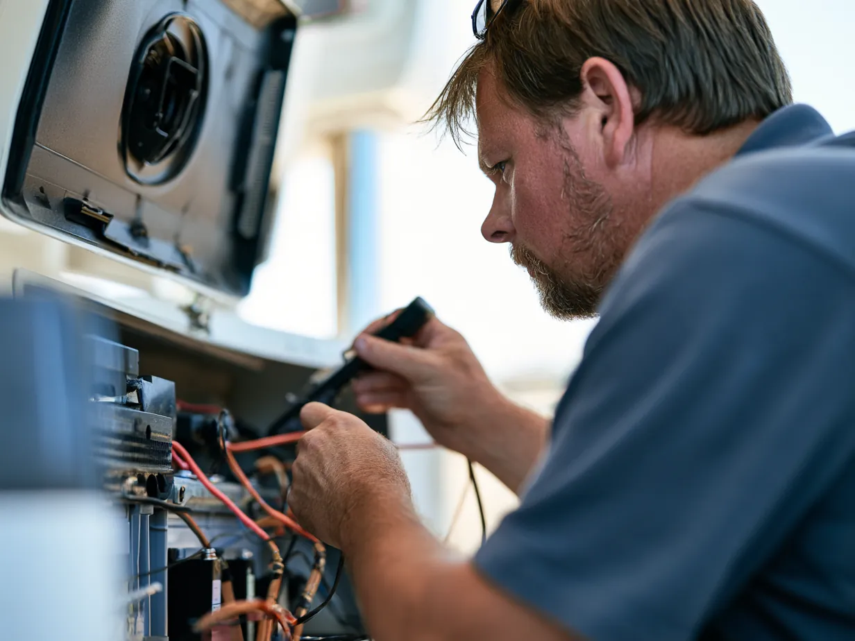 An electrician checking connections on a marine battery bank