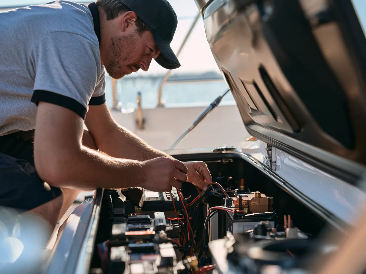 An electrician working in a yacht's battery and cable locker