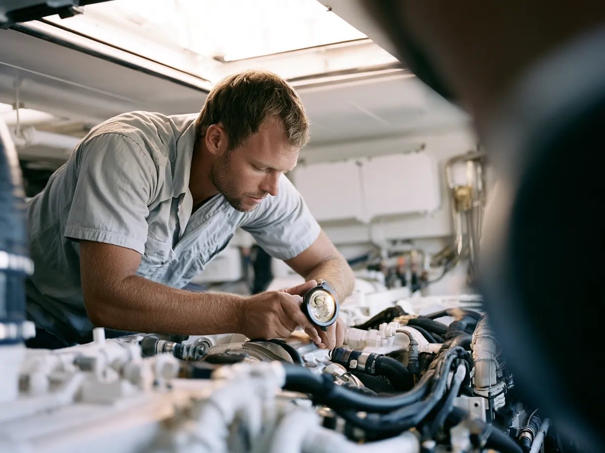 An engineer inspecting the engine bay with a torch