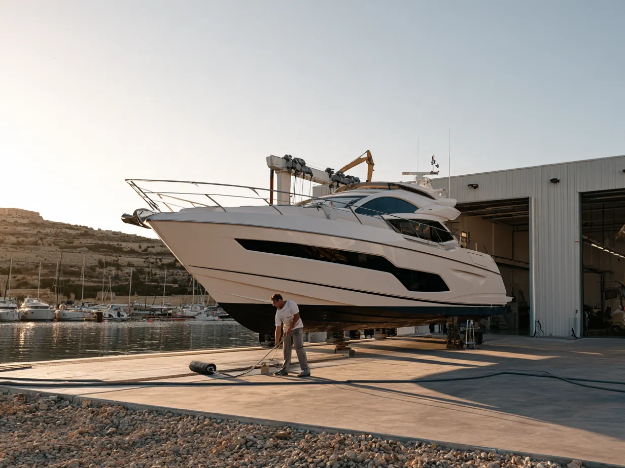 A motor yacht on stands, hull prepared for antifouling
