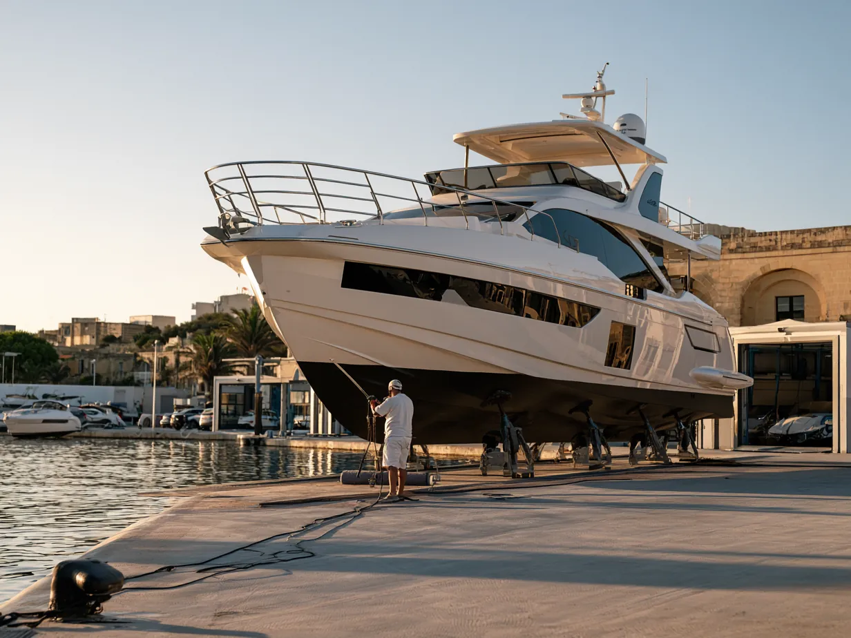 A motor yacht on stands in the boatyard for hull work