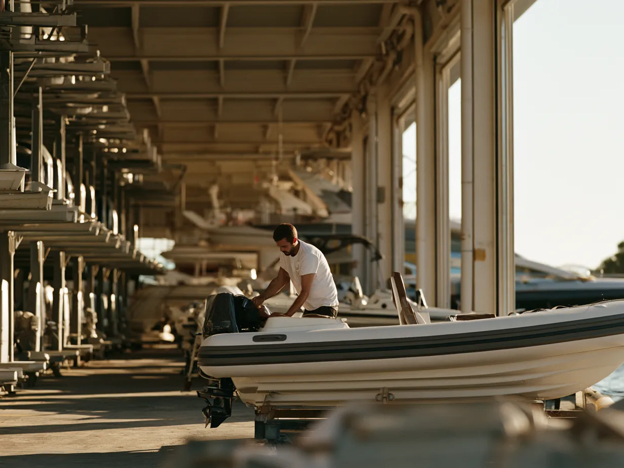 A technician servicing the outboard on a RHIB in storage
