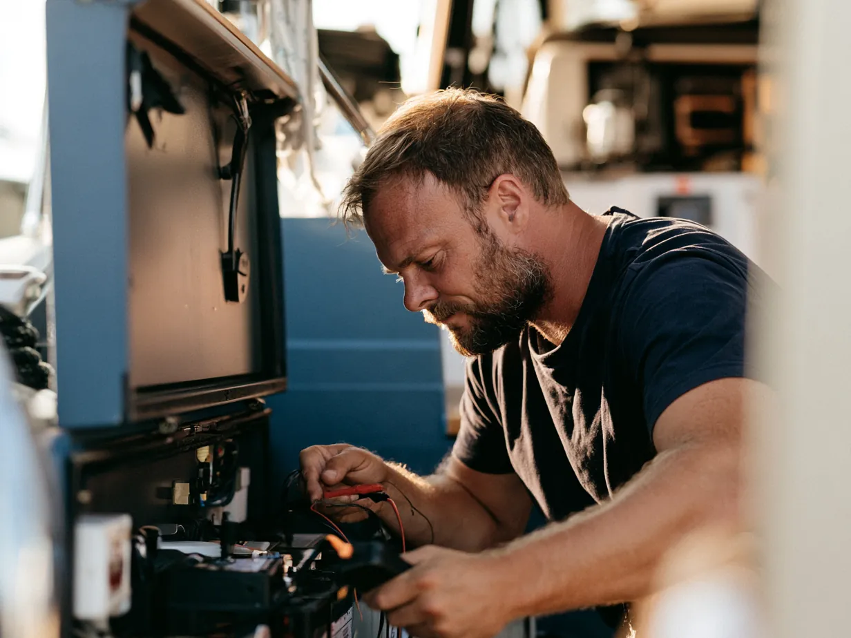 An electrician testing a yacht's distribution panel with a meter