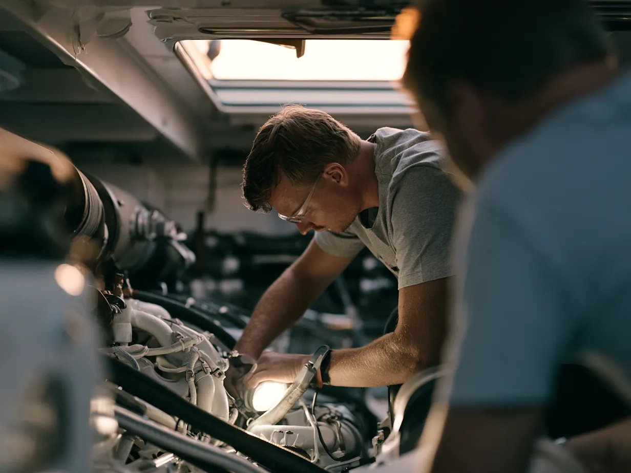 An engineer checking the engine bay and seacocks after relaunch