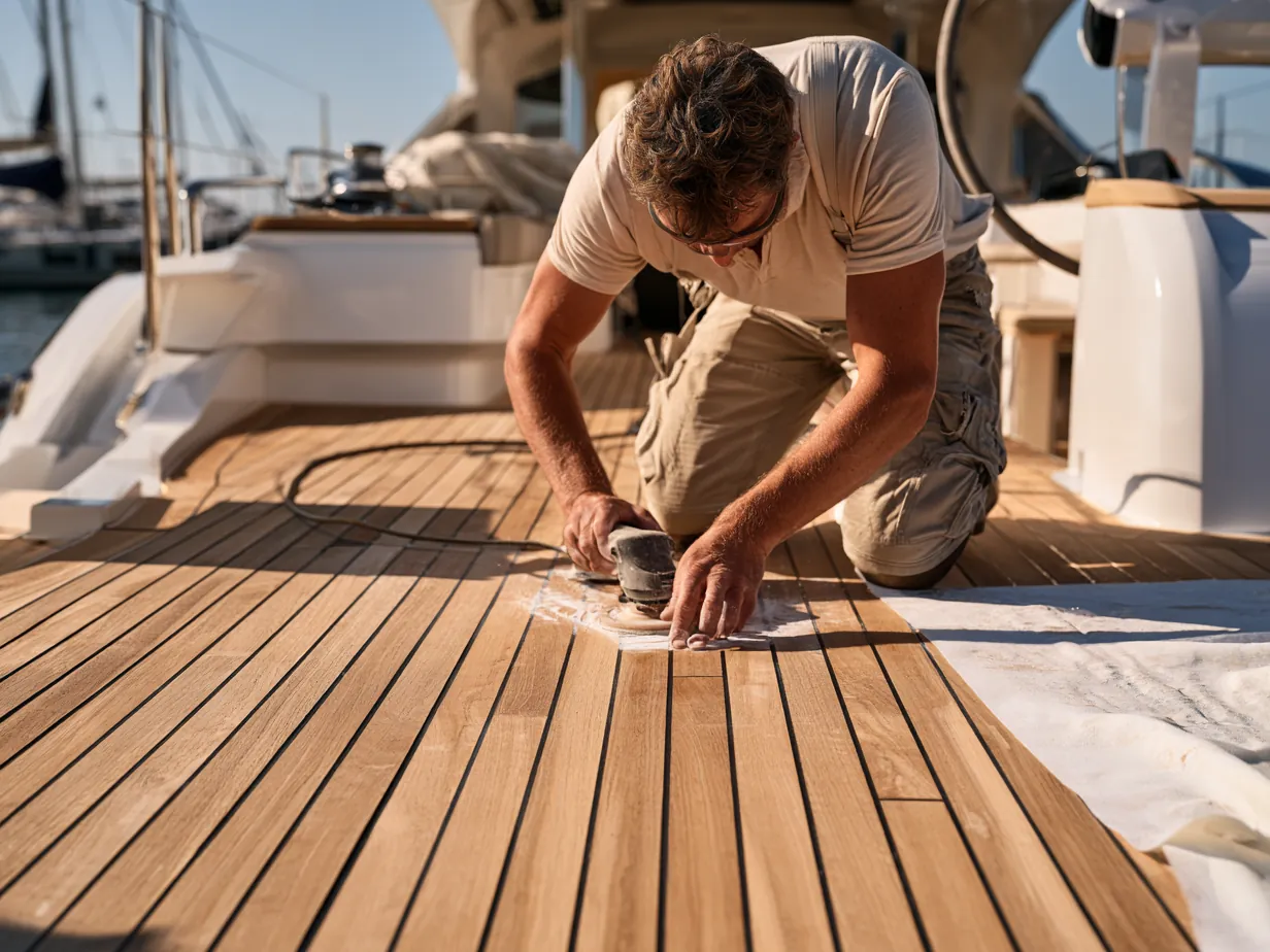 Teak deck seams being refilled and sanded flush